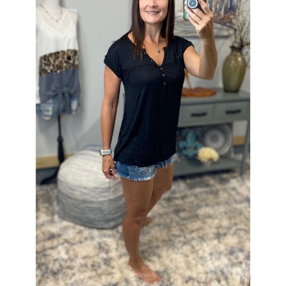 Melange Burnout Henley V-neck Floaty Short Cuffed Tabbed Sleeve Black 3221 - Picture 7 of 13